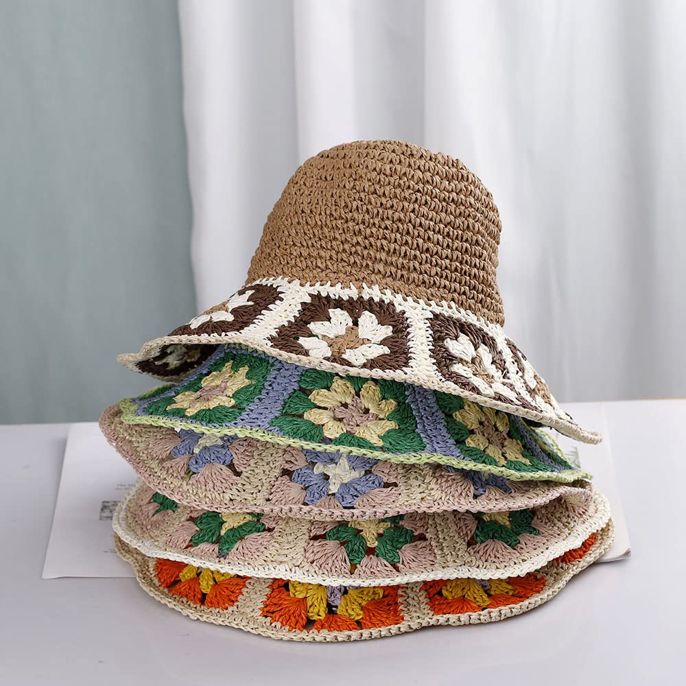 Womens Straw Sun Hat Floral Woven Bucket Hat Fishing Hat Beach Hat Hand Woven Foldable Cap