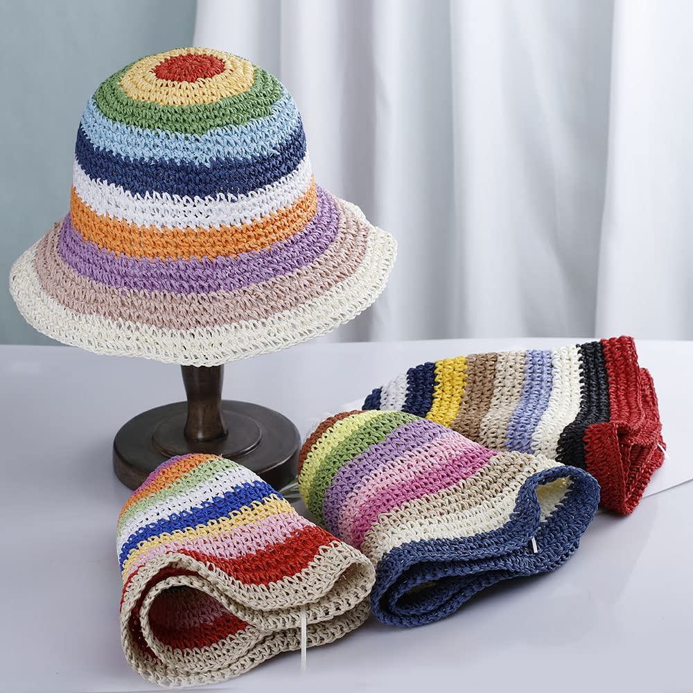 Womens Straw Sun Hat Floral Woven Bucket Hat Fishing Hat Beach Hat Hand Woven Foldable Cap