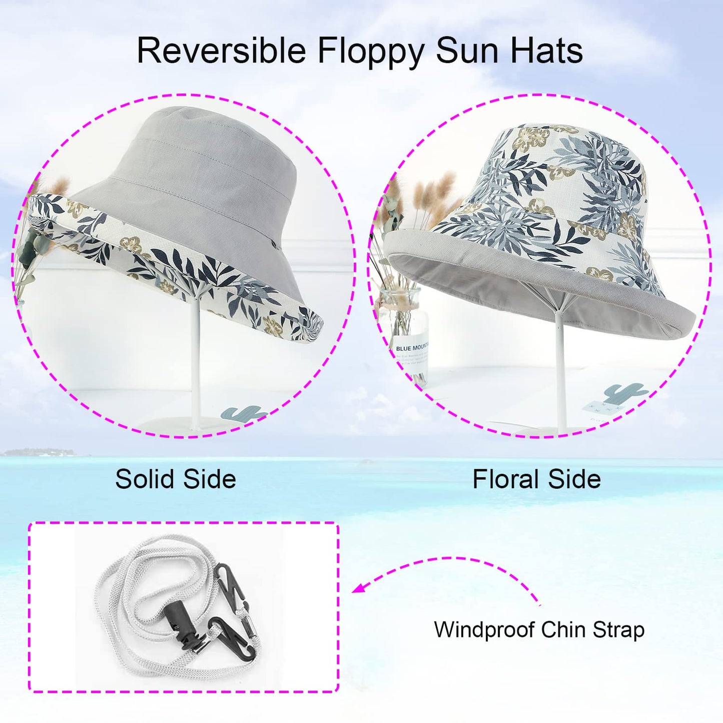 Women Wide Brim Sun Hats Metal Wired Edge Summer UV Protection Beach Fishing Hat for Hiking Garden Travel Chin Strap