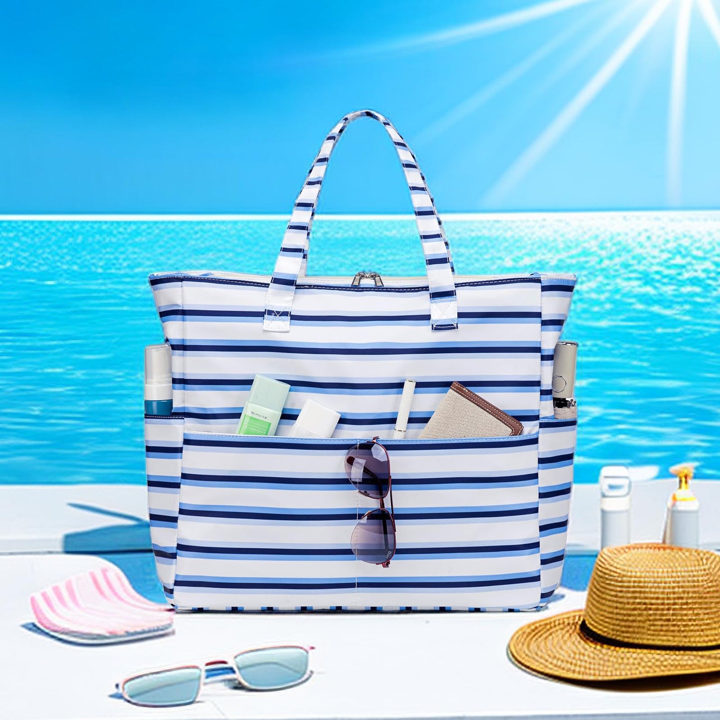 LEDAOU Large Beach Tote Bag Women Waterproof Sandproof Zipper Beach Tote Bag for Pool Gym Grocery Travel with Wet Pocket