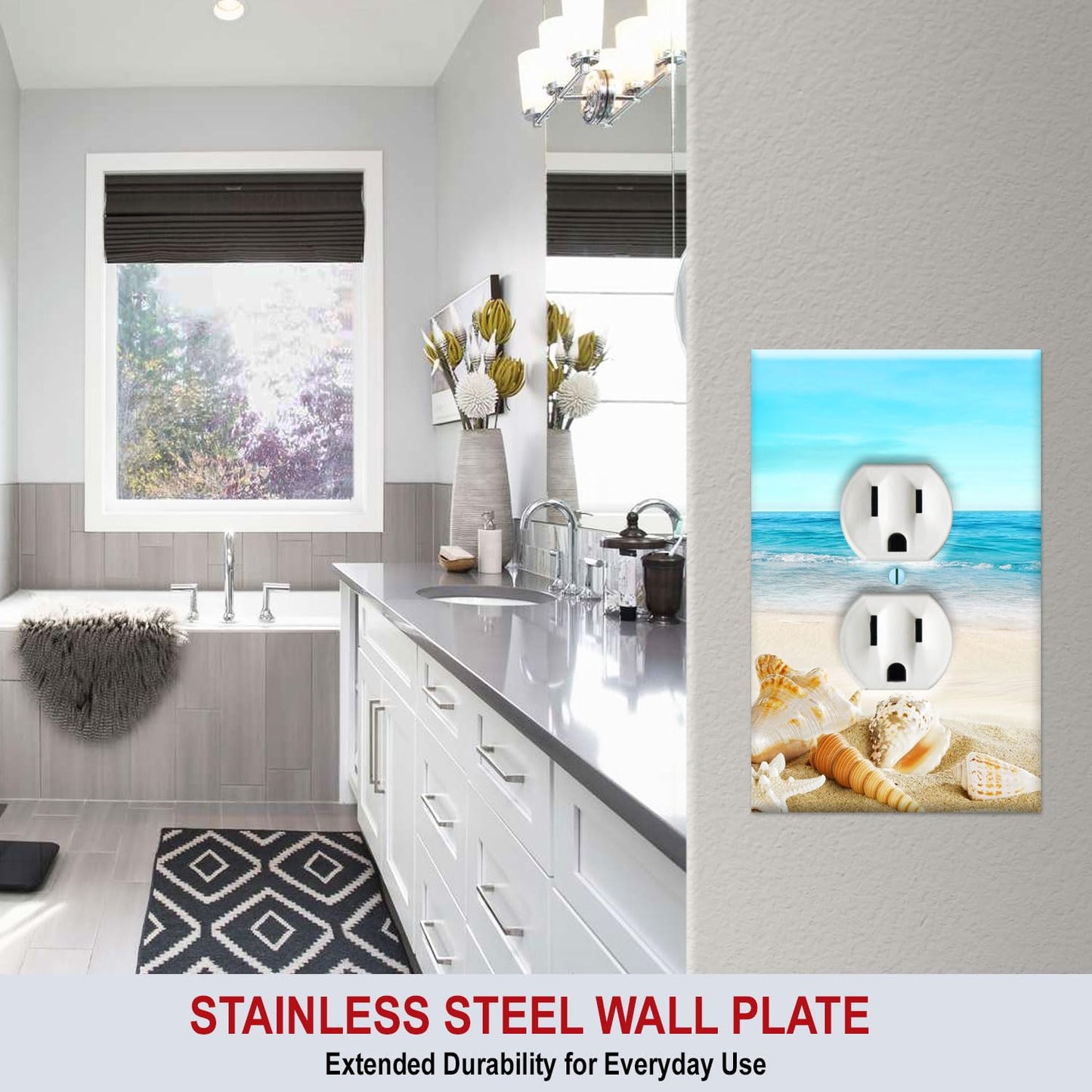 Art Plates - Duplex Outlet Cover Metal Decorative Metal Wall Plate - 1 Gang Outlet Plug Cover - Seashells on the Beach - (Made in USA)