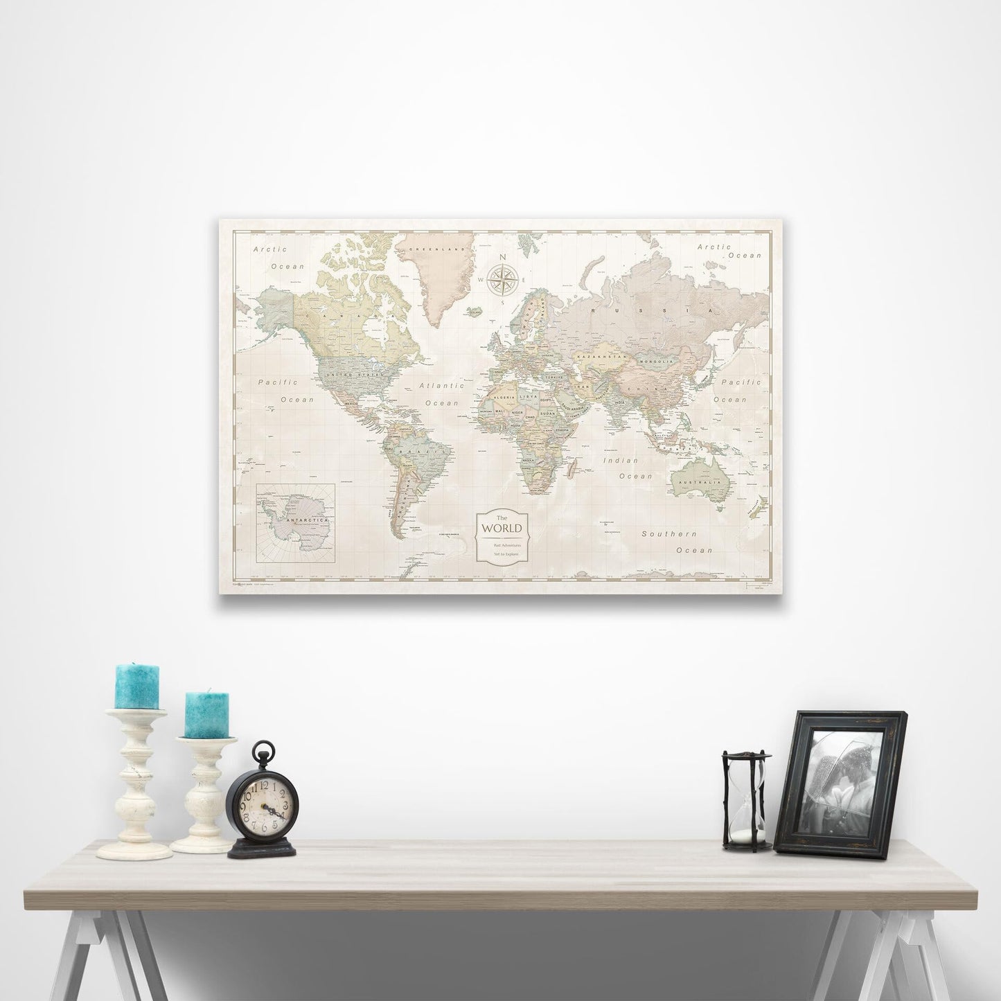 Conquest Maps World Travel Map with Pins Desert Sunrise Style Push Pin Travel Map Cork Board, Track Your Travels w/a Handmade Unique Canvas Pinable Map (48" x 32")