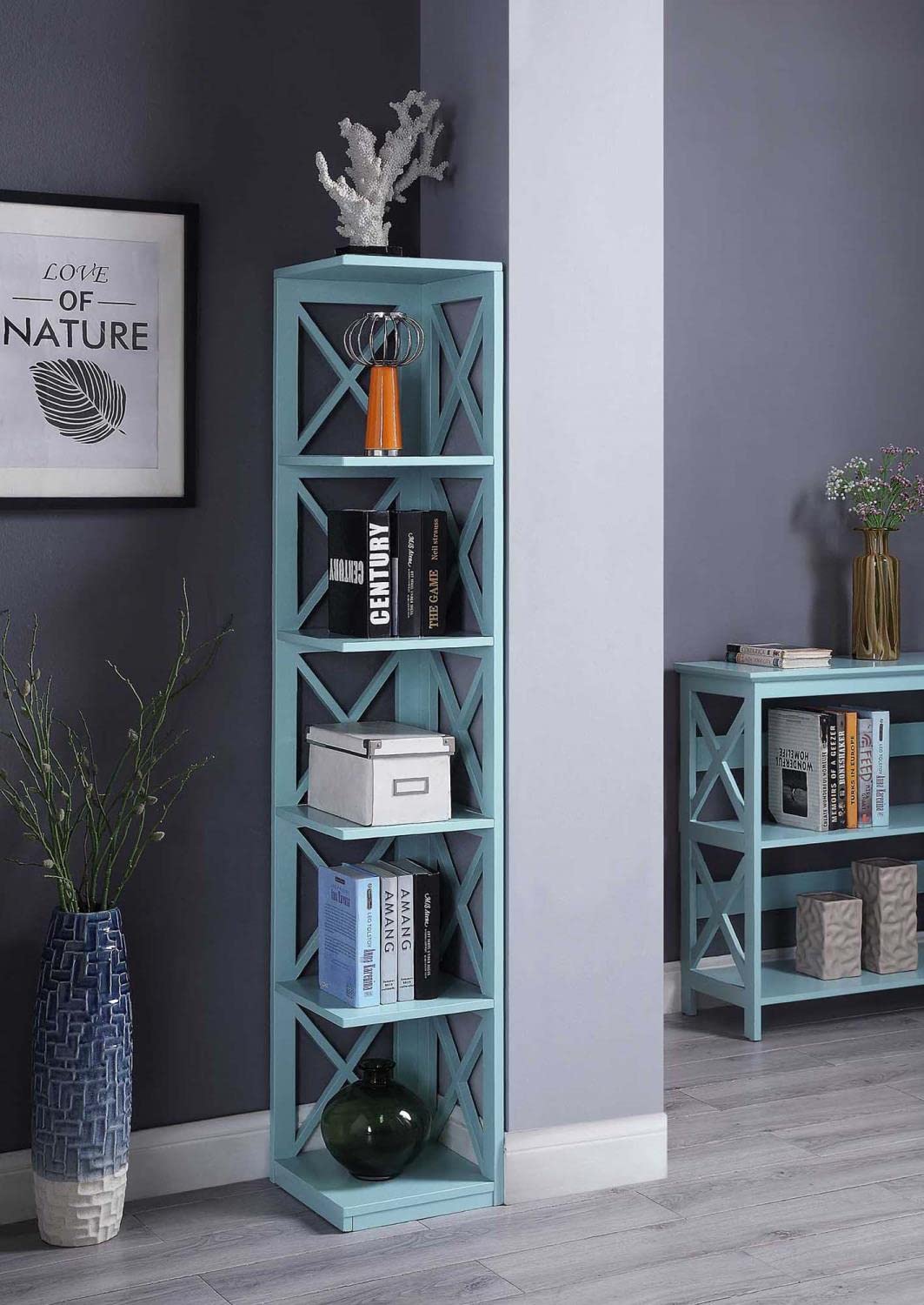 Convenience Concepts Oxford 5 Tier Corner Bookcase, Sea Foam