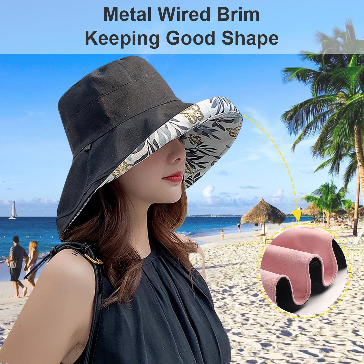 Women Wide Brim Sun Hats Metal Wired Edge Summer UV Protection Beach Fishing Hat for Hiking Garden Travel Chin Strap