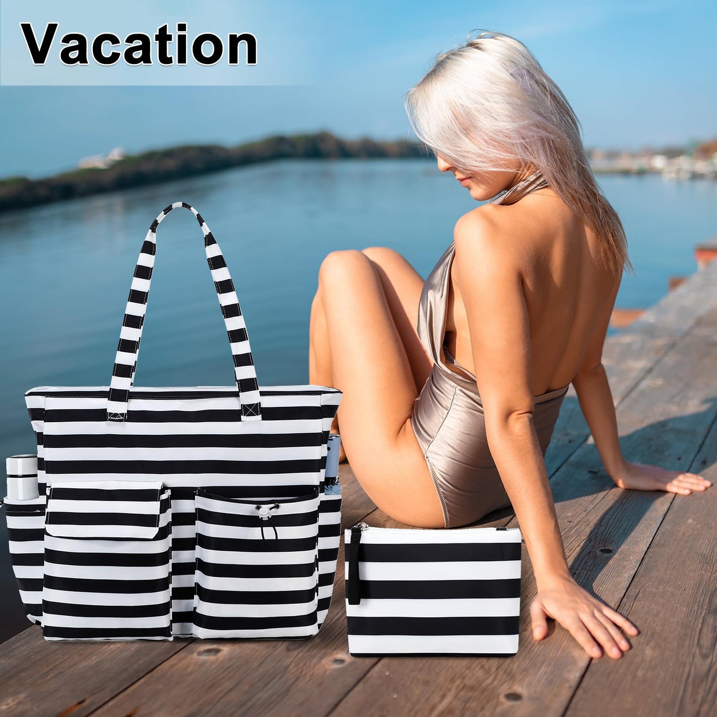 LEDAOU Large Beach Tote Bag Women Waterproof Sandproof Zipper Beach Tote Bag for Pool Gym Grocery Travel with Wet Pocket