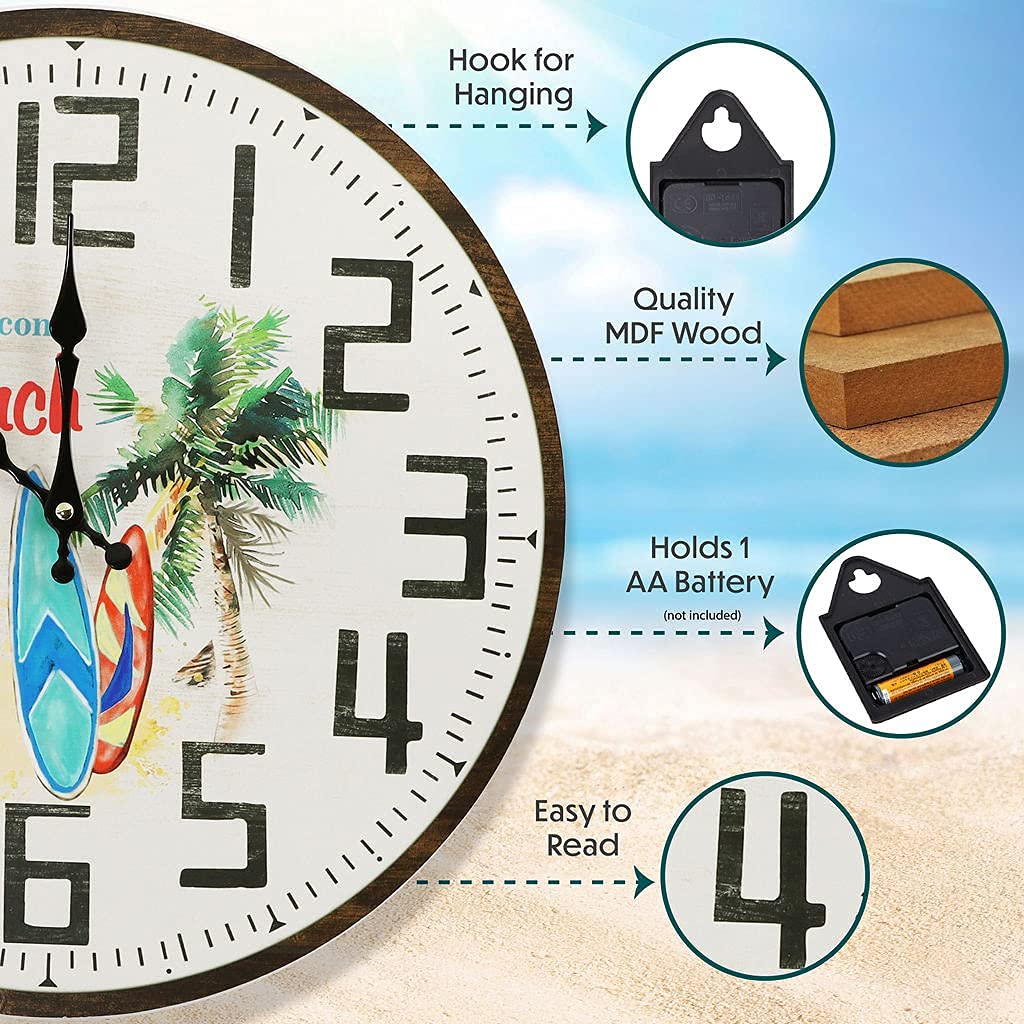 12 Inch Beach Themed Wall Clock, Rustic Weathered Boards in Coastal Colors with Silent Non Ticking Movement