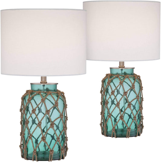 360 Lighting Crosby Cottage Nautical Accent Table Lamps 22.5" High Set of 2 Coastal Blue Green Rope Net Off White Drum Shade Decor for Living Room Bedroom House Bedside Nightstand Home