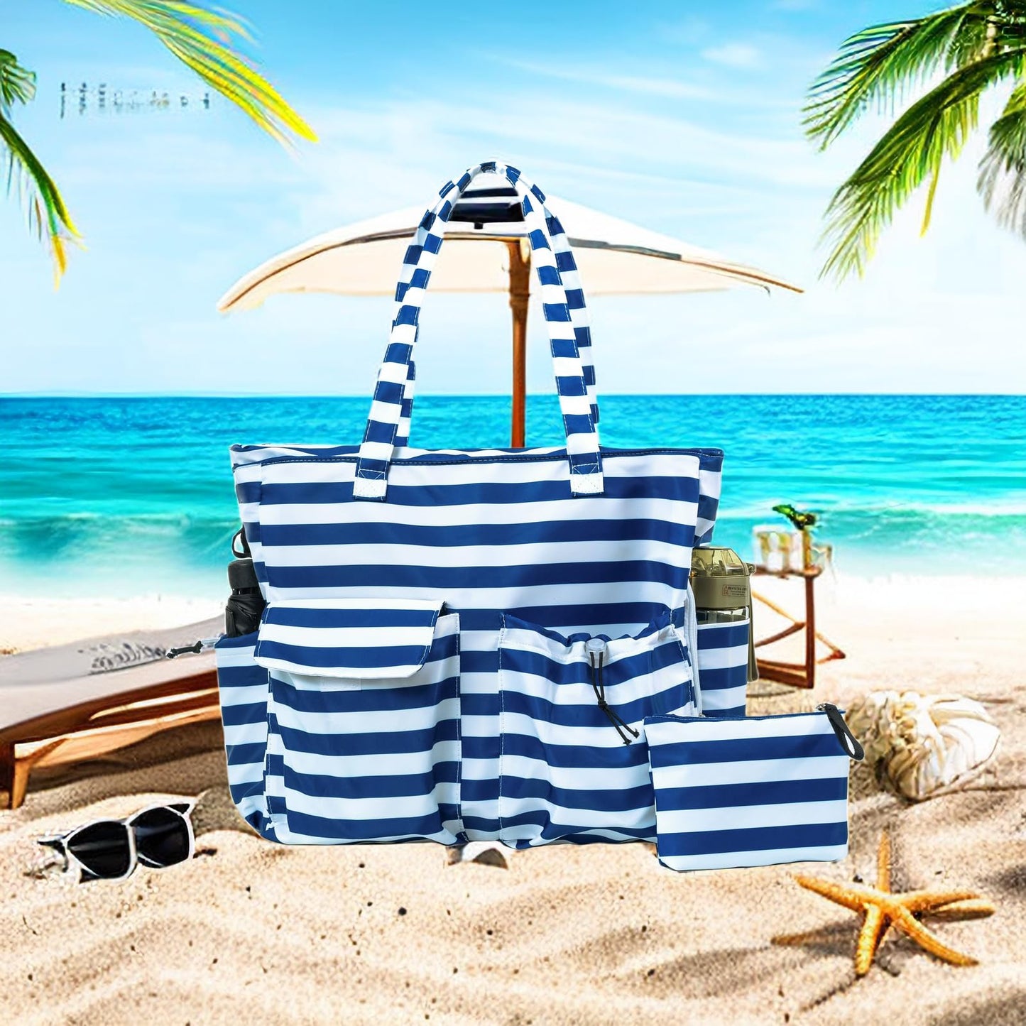 LEDAOU Large Beach Tote Bag Women Waterproof Sandproof Zipper Beach Tote Bag for Pool Gym Grocery Travel with Wet Pocket