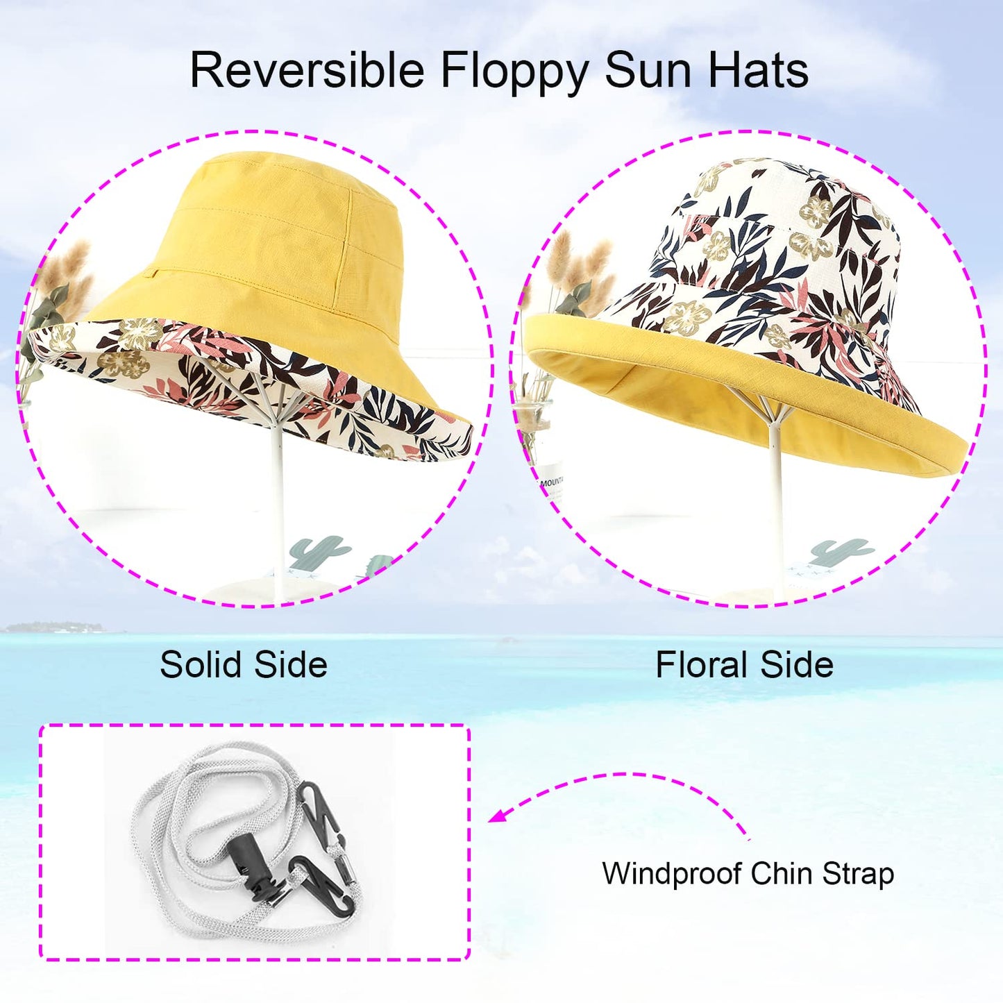 Women Wide Brim Sun Hats Metal Wired Edge Summer UV Protection Beach Fishing Hat for Hiking Garden Travel Chin Strap