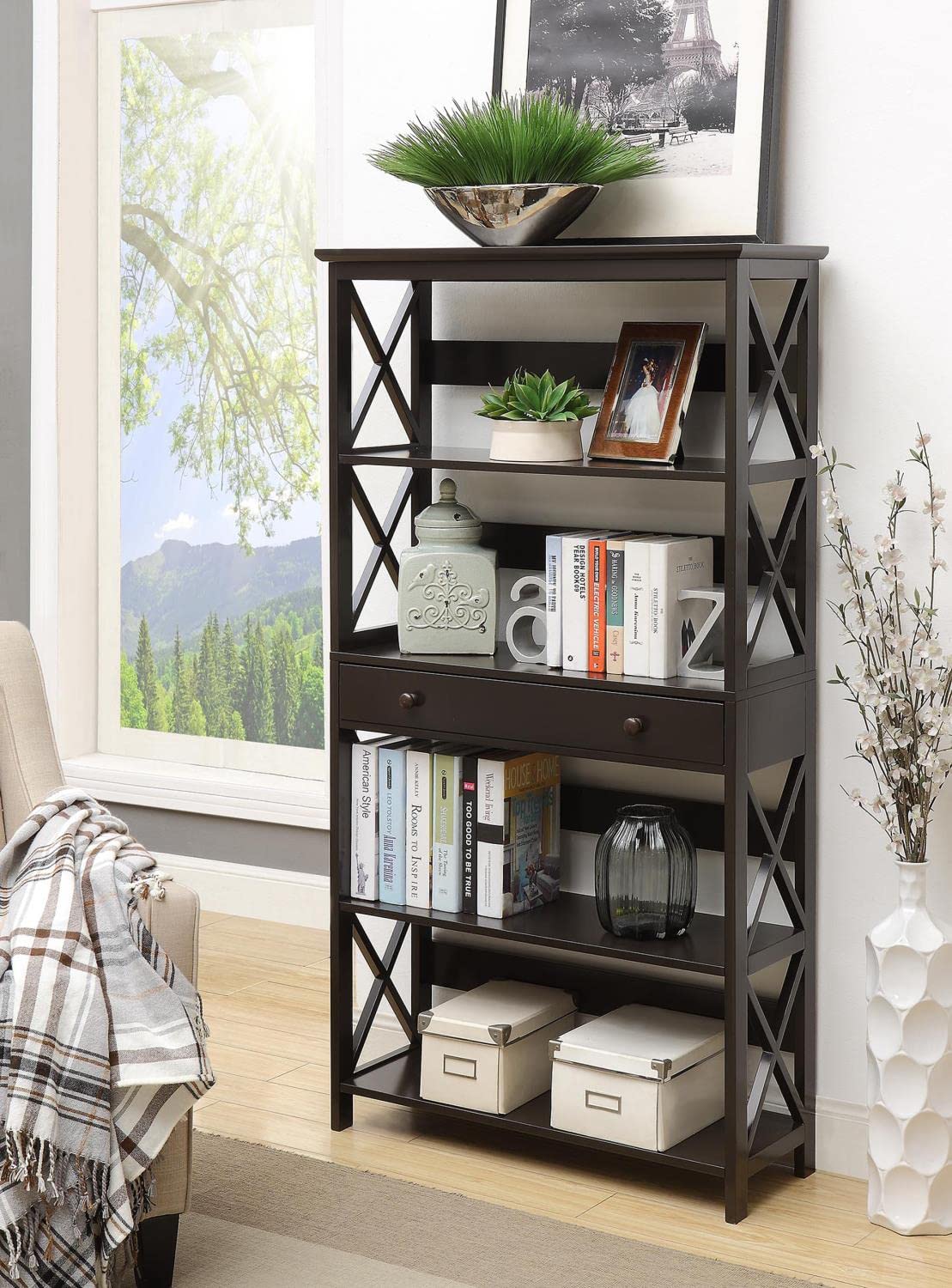 Convenience Concepts Oxford 5 Tier Bookcase with Drawer, Sea Foam