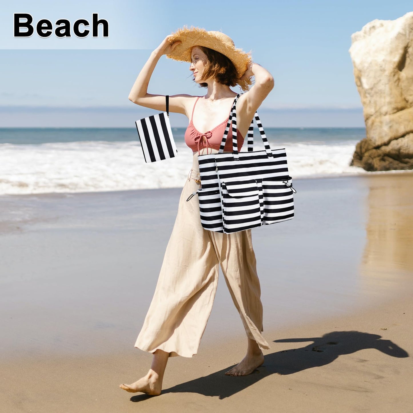 LEDAOU Large Beach Tote Bag Women Waterproof Sandproof Zipper Beach Tote Bag for Pool Gym Grocery Travel with Wet Pocket