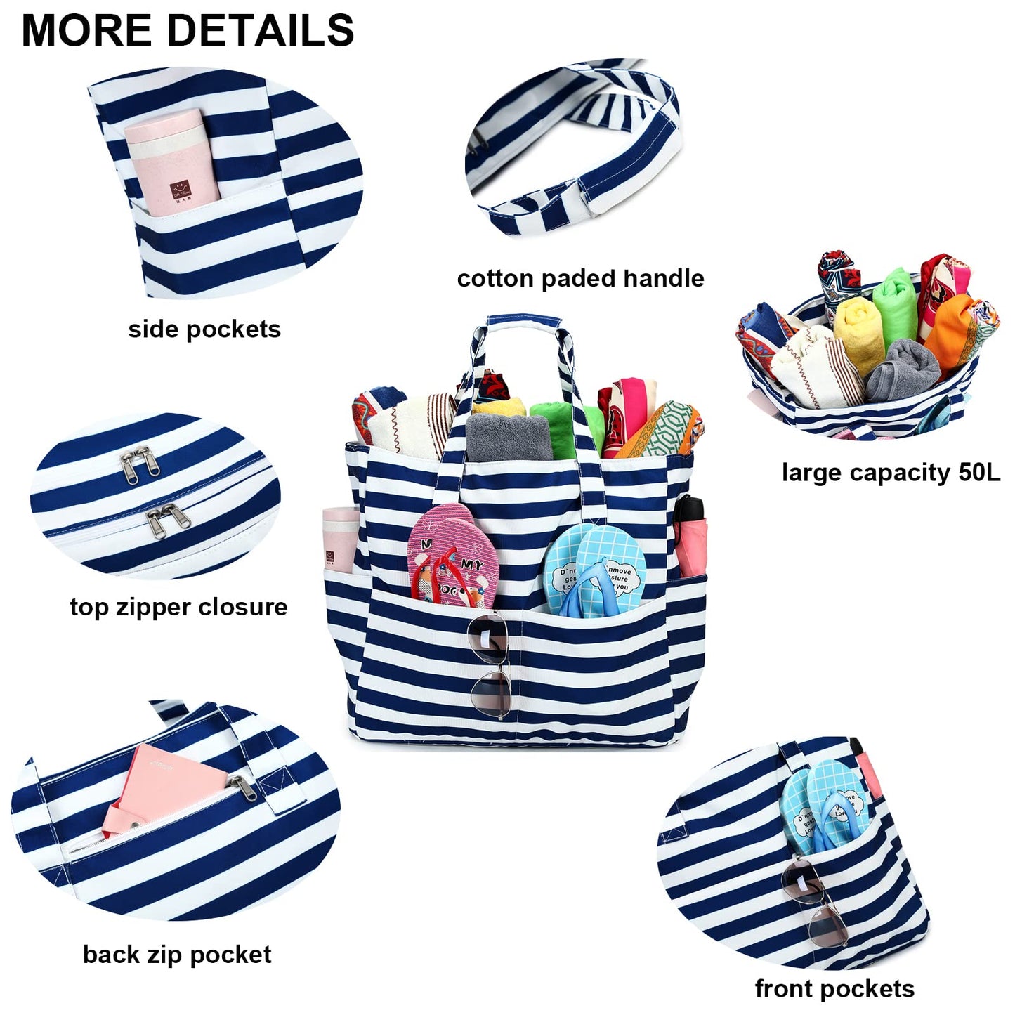 LEDAOU Large Beach Tote Bag Women Waterproof Sandproof Zipper Beach Tote Bag for Pool Gym Grocery Travel with Wet Pocket