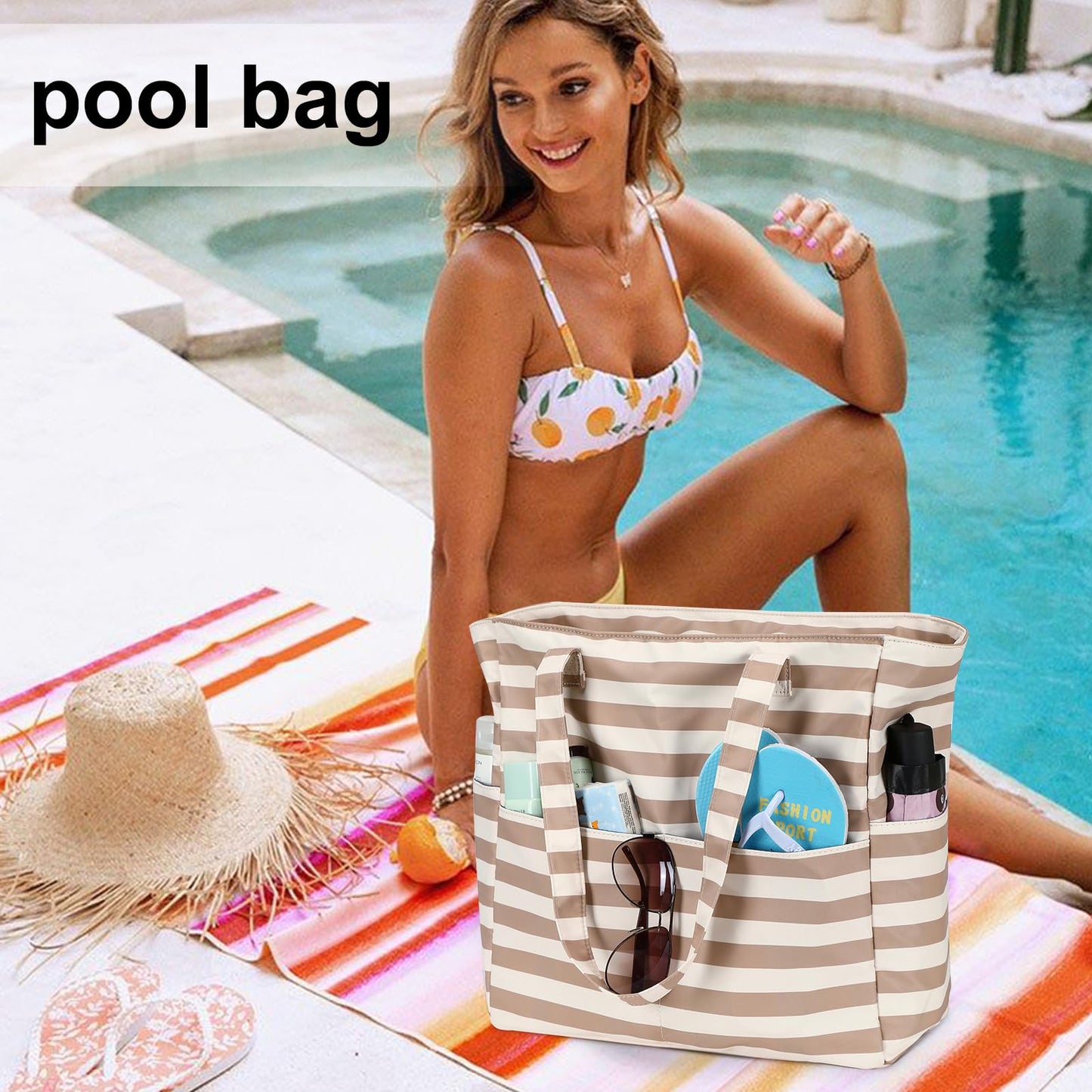 LEDAOU Large Beach Tote Bag Women Waterproof Sandproof Zipper Beach Tote Bag for Pool Gym Grocery Travel with Wet Pocket