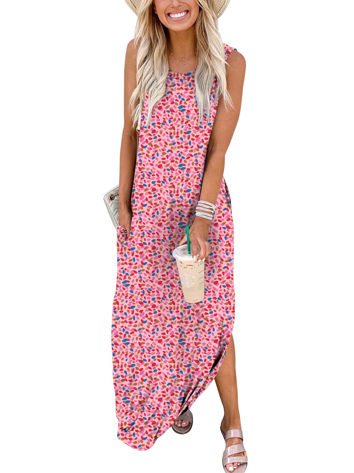 ANRABESS Women Casual Loose Sundress Sleeveless Split Maxi Long Beach Shirt Dress Travel Vacation 2024 Summer Outfits