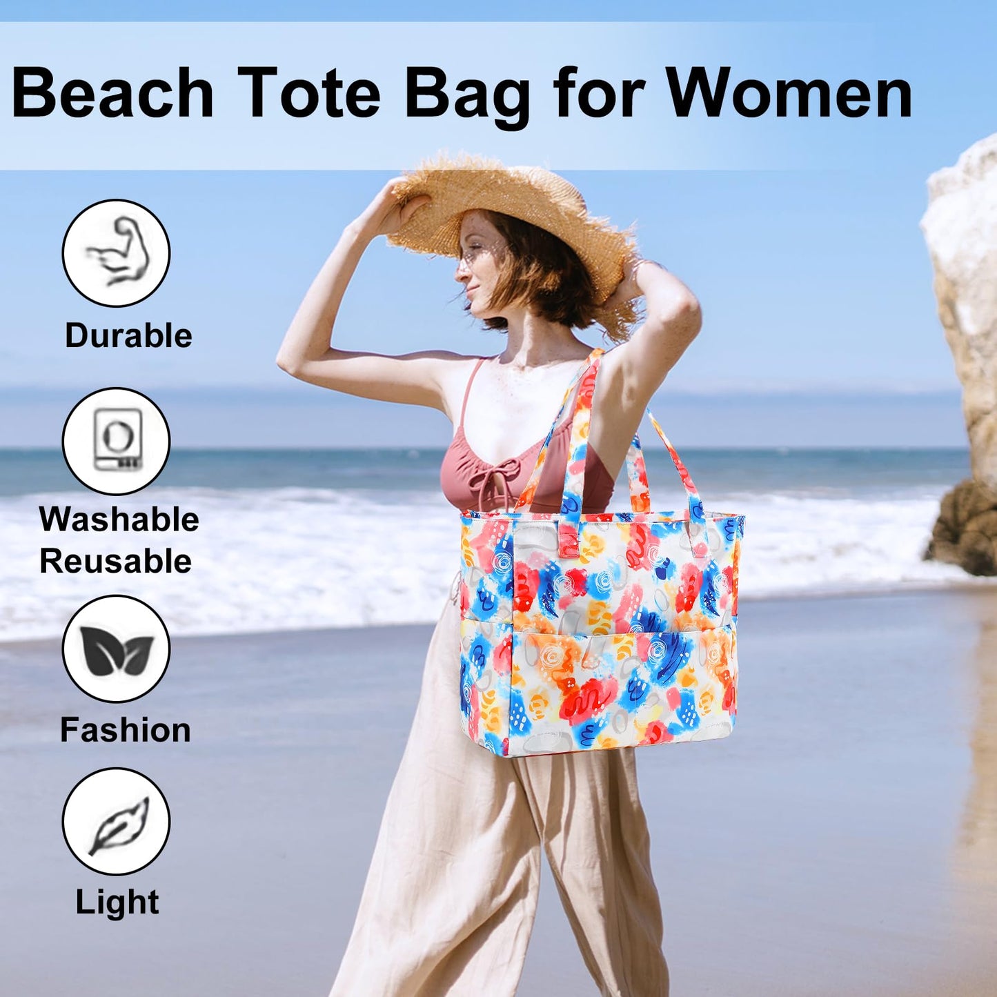 LEDAOU Large Beach Tote Bag Women Waterproof Sandproof Zipper Beach Tote Bag for Pool Gym Grocery Travel with Wet Pocket