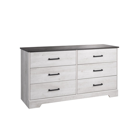 Prepac Rustic Ridge Farmhouse 6-Drawer Chest of Drawers for Bedroom, Wooden Bedroom Drawer Dresser with 6 Storage Drawers, 18.25in x 53.25in x 28.5in, Washed White, ADBR-1606-1