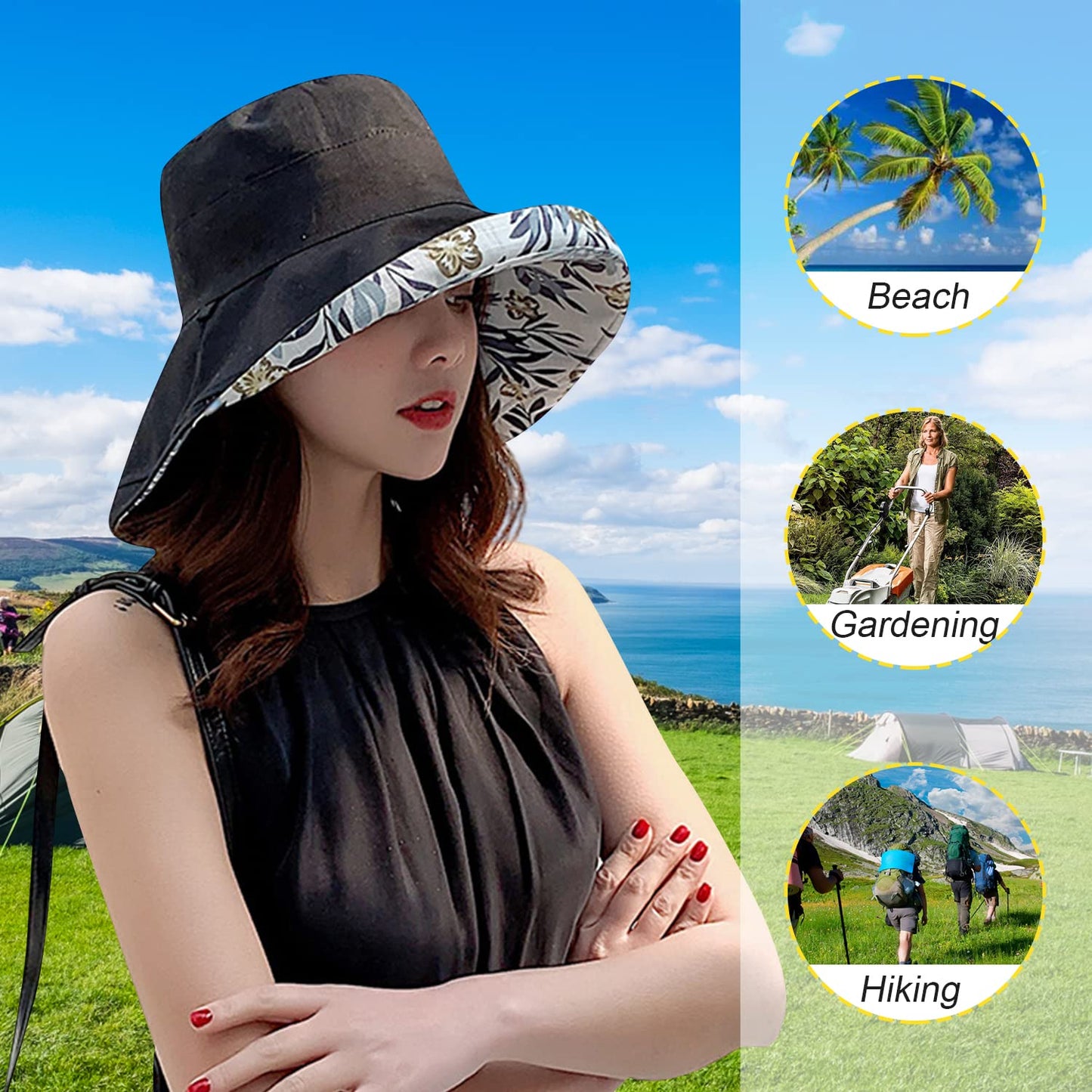 Women Wide Brim Sun Hats Metal Wired Edge Summer UV Protection Beach Fishing Hat for Hiking Garden Travel Chin Strap