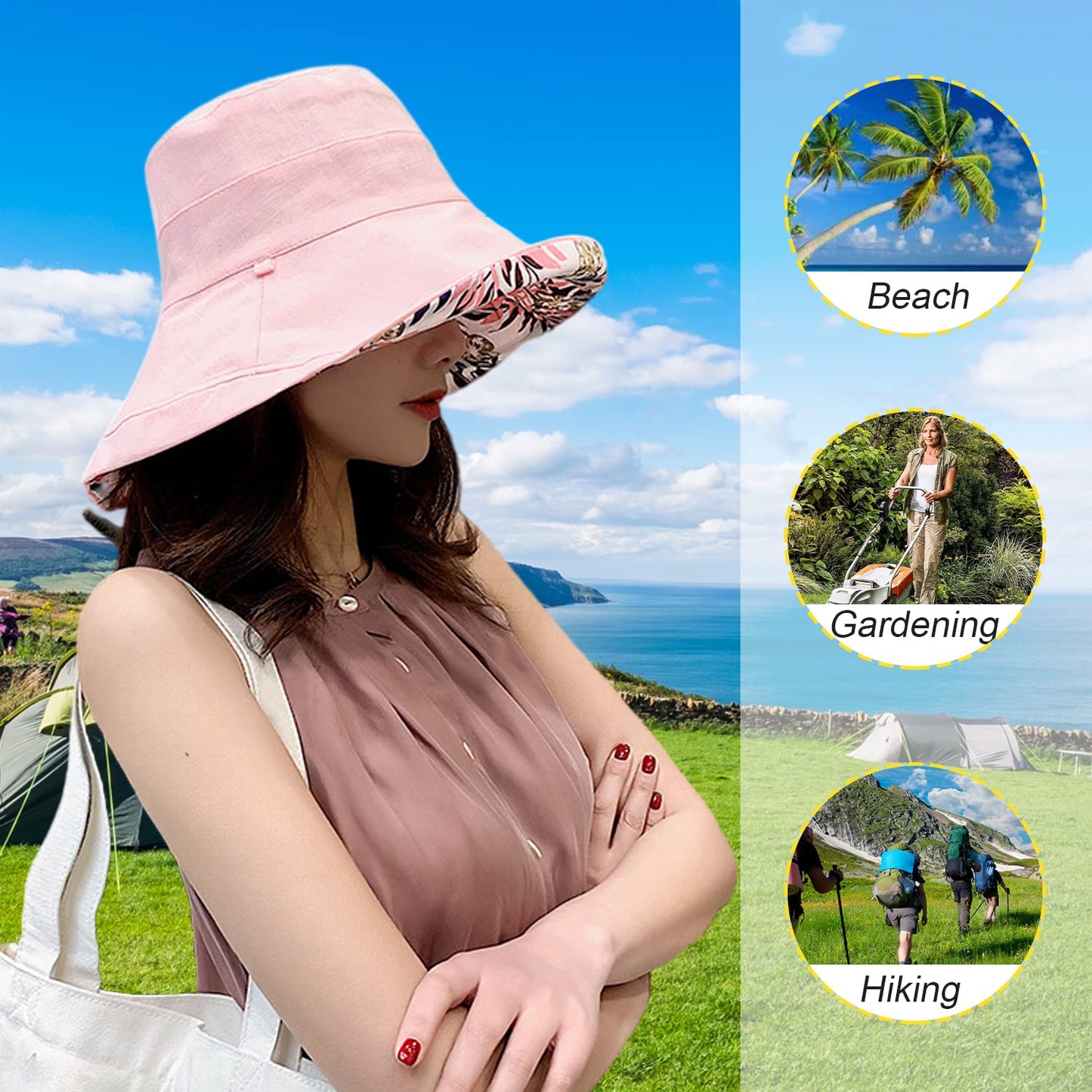 Women Wide Brim Sun Hats Metal Wired Edge Summer UV Protection Beach Fishing Hat for Hiking Garden Travel Chin Strap