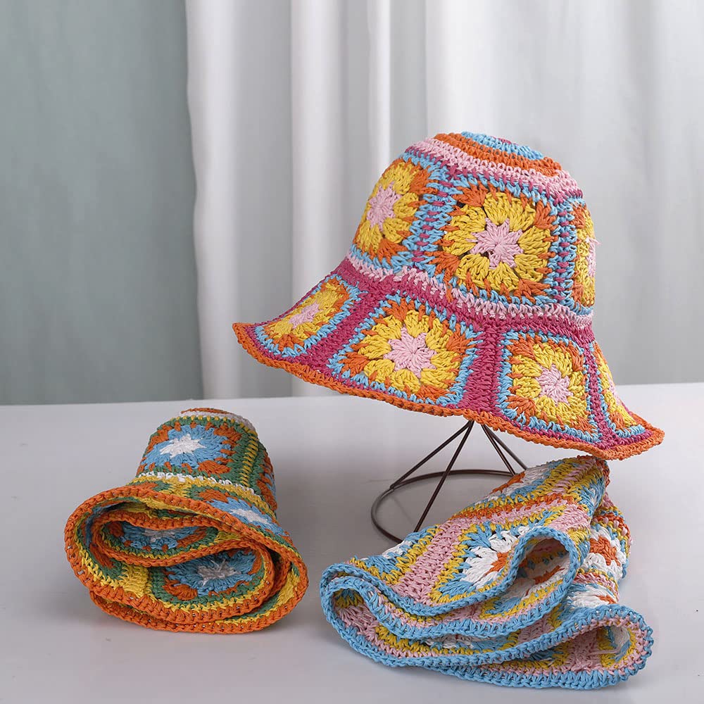 Womens Straw Sun Hat Floral Woven Bucket Hat Fishing Hat Beach Hat Hand Woven Foldable Cap