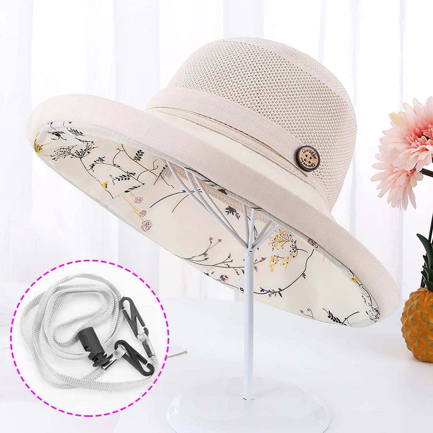 Women Wide Brim Sun Hats Metal Wired Edge Summer UV Protection Beach Fishing Hat for Hiking Garden Travel Chin Strap