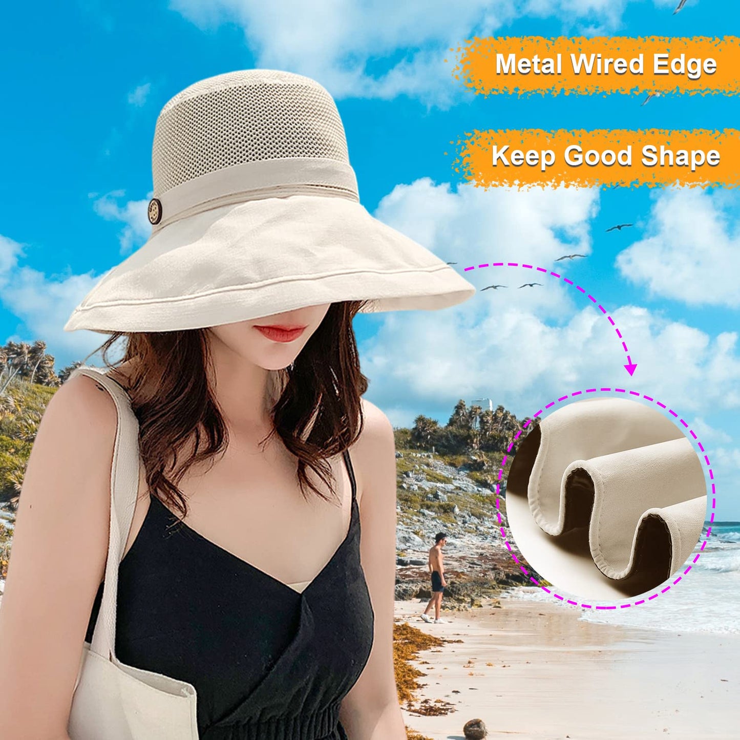 Women Wide Brim Sun Hats Metal Wired Edge Summer UV Protection Beach Fishing Hat for Hiking Garden Travel Chin Strap