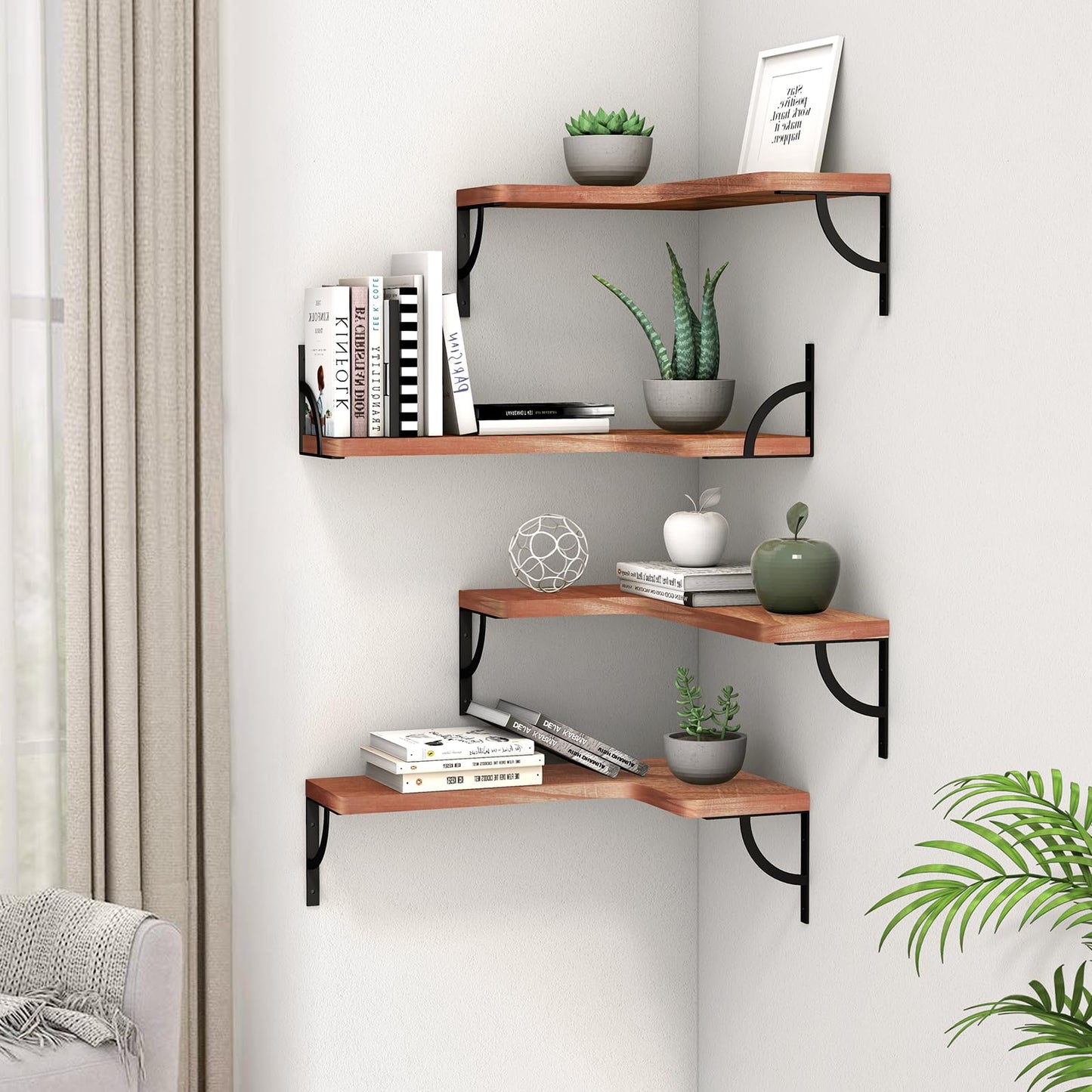 Corner Floating Shelf Wall Mount 4 Tier Wood Floating Shelves, Easy-to-Assemble Tiered Wall Storage, Wall Organizer for Bedrooms, Bathrooms, Kitchens, Offices, and Living Rooms (Red)