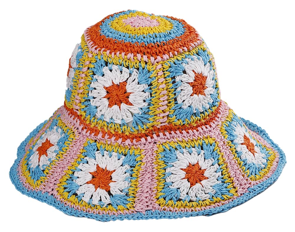 Womens Straw Sun Hat Floral Woven Bucket Hat Fishing Hat Beach Hat Hand Woven Foldable Cap