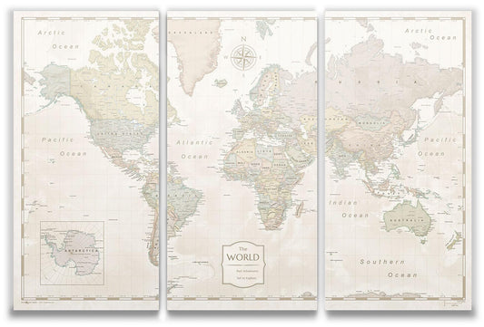 Conquest Maps World Travel Map with Pins Desert Sunrise Style Push Pin Travel Map Cork Board, Track Your Travels w/a Handmade Unique Canvas Pinable Map (48" x 32")