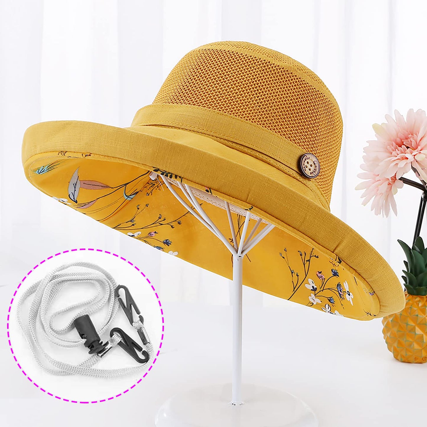 Women Wide Brim Sun Hats Metal Wired Edge Summer UV Protection Beach Fishing Hat for Hiking Garden Travel Chin Strap