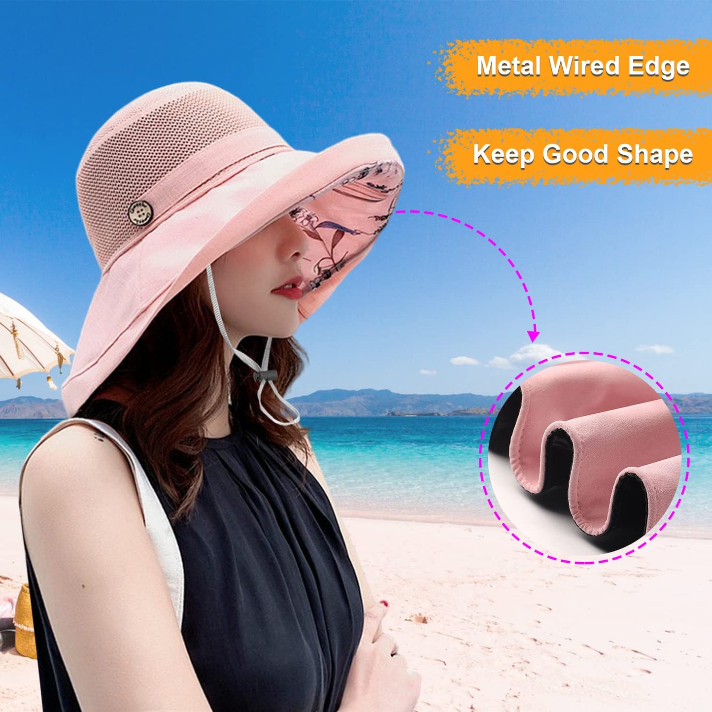 Women Wide Brim Sun Hats Metal Wired Edge Summer UV Protection Beach Fishing Hat for Hiking Garden Travel Chin Strap