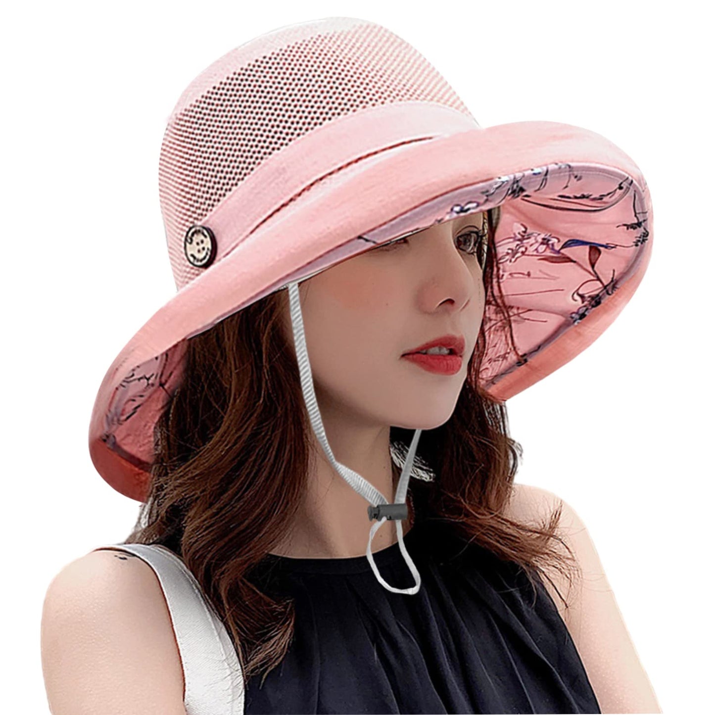 Women Wide Brim Sun Hats Metal Wired Edge Summer UV Protection Beach Fishing Hat for Hiking Garden Travel Chin Strap