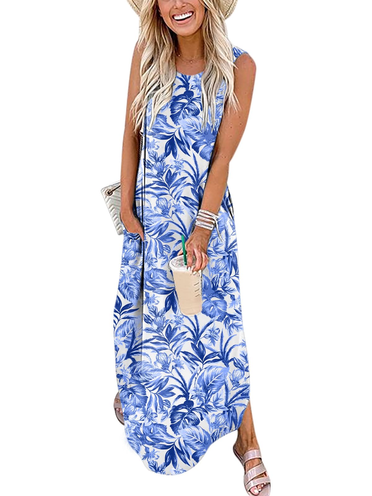 ANRABESS Women Casual Loose Sundress Sleeveless Split Maxi Long Beach Shirt Dress Travel Vacation 2024 Summer Outfits