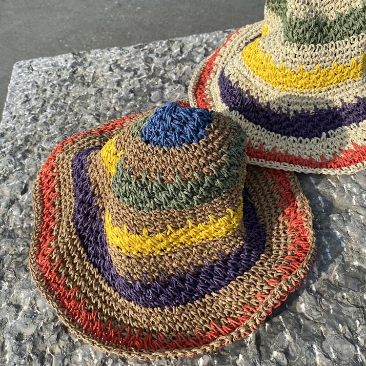 Women Straw Sun Hat Hand Woven Y2K Aesthetic Bucket Hat Striped Fishing Hat Beach Hat Foldable Cap Chic Summer Accessories