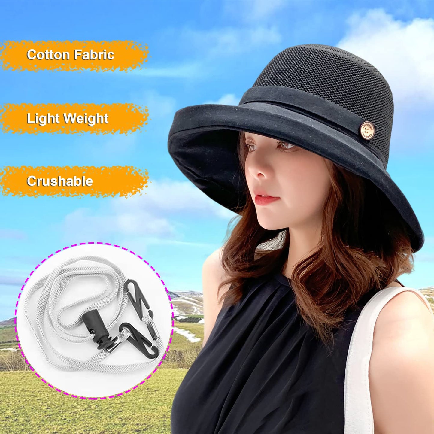 Women Wide Brim Sun Hats Metal Wired Edge Summer UV Protection Beach Fishing Hat for Hiking Garden Travel Chin Strap