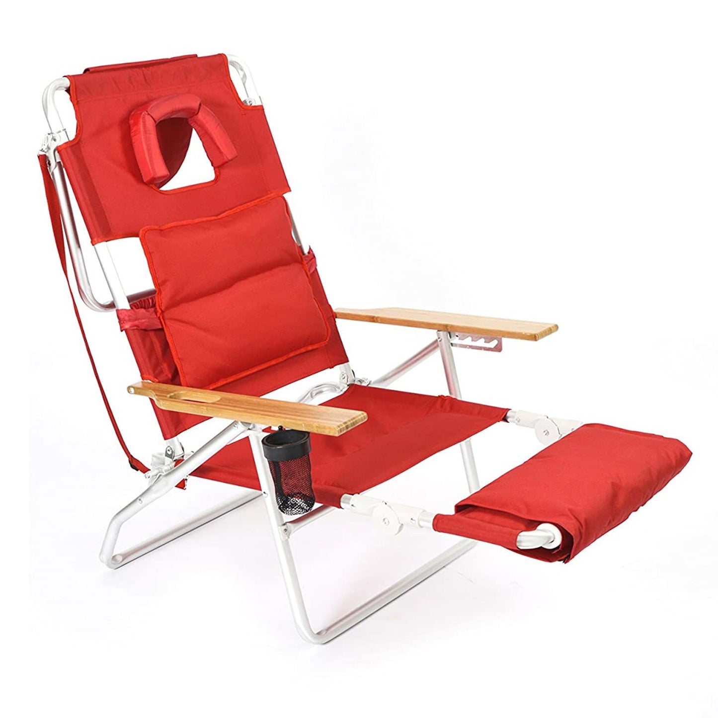 Ostrich Deluxe 3 in 1 Beach Chair with Face Opening - Portable, Reclining Lounger for Tanning - Face Hole for Reading on Stomach - Padded Footrest, Removable Pillow - Aluminum (Green)