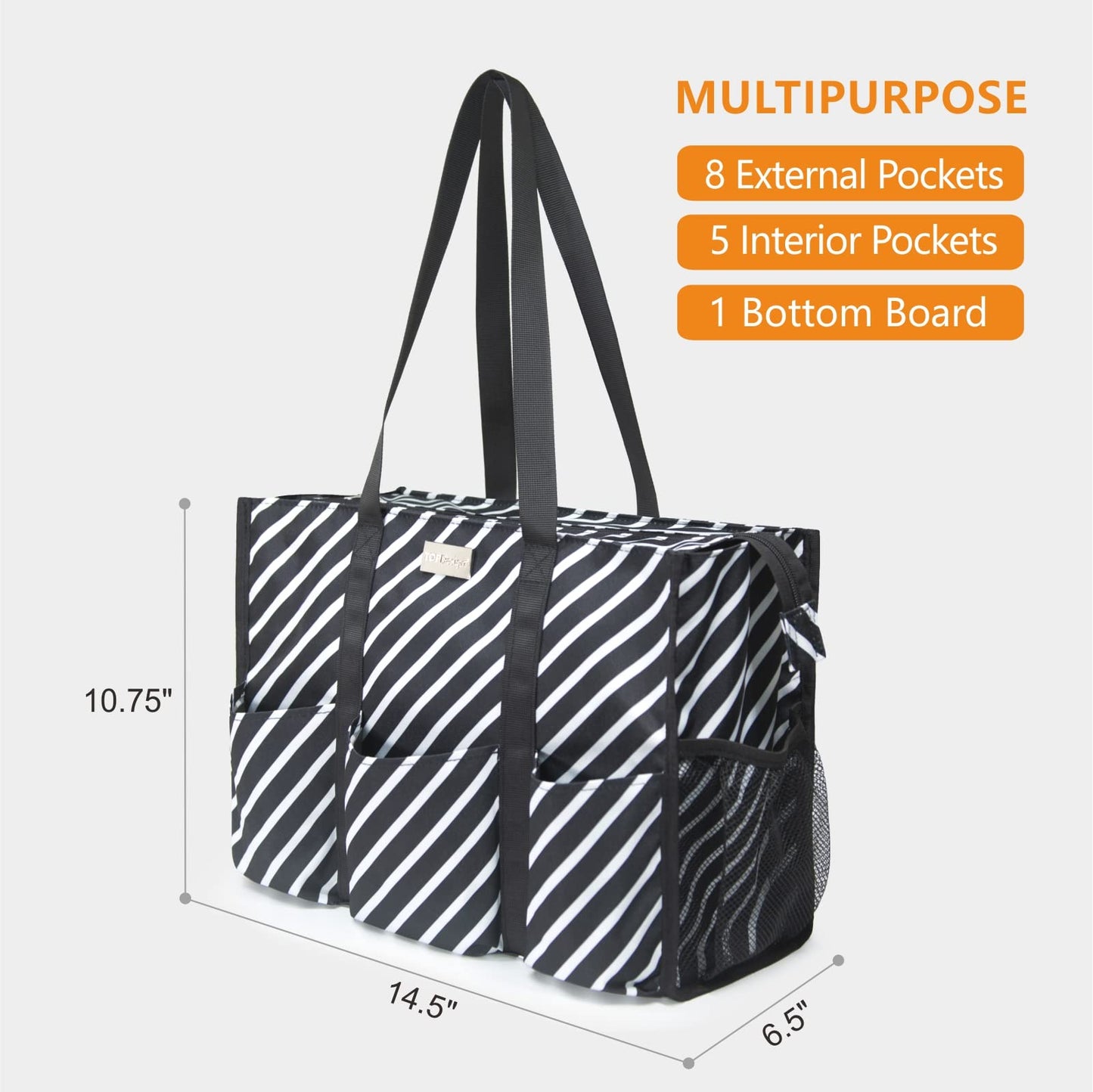 TOPDesign Utility Water Resistant Tote Bag with 13 Exterior & Interior Pockets, Top Zipper Closure & Thick Bottom Support