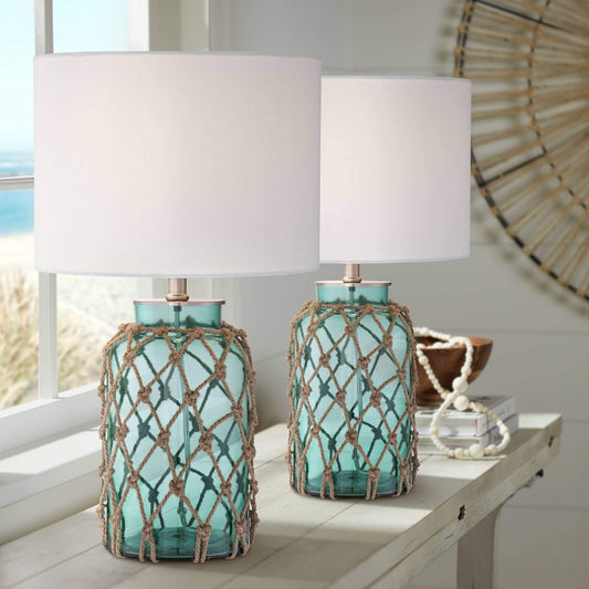 360 Lighting Crosby Cottage Nautical Accent Table Lamps 22.5" High Set of 2 Coastal Blue Green Rope Net Off White Drum Shade Decor for Living Room Bedroom House Bedside Nightstand Home