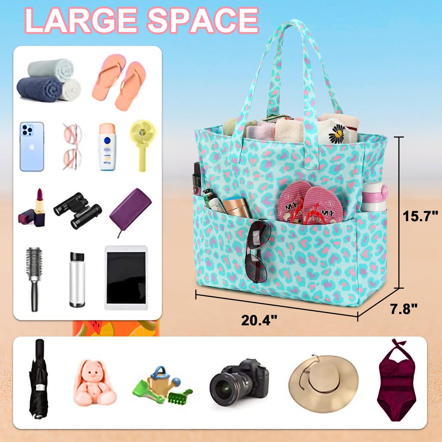 LEDAOU Large Beach Tote Bag Women Waterproof Sandproof Zipper Beach Tote Bag for Pool Gym Grocery Travel with Wet Pocket