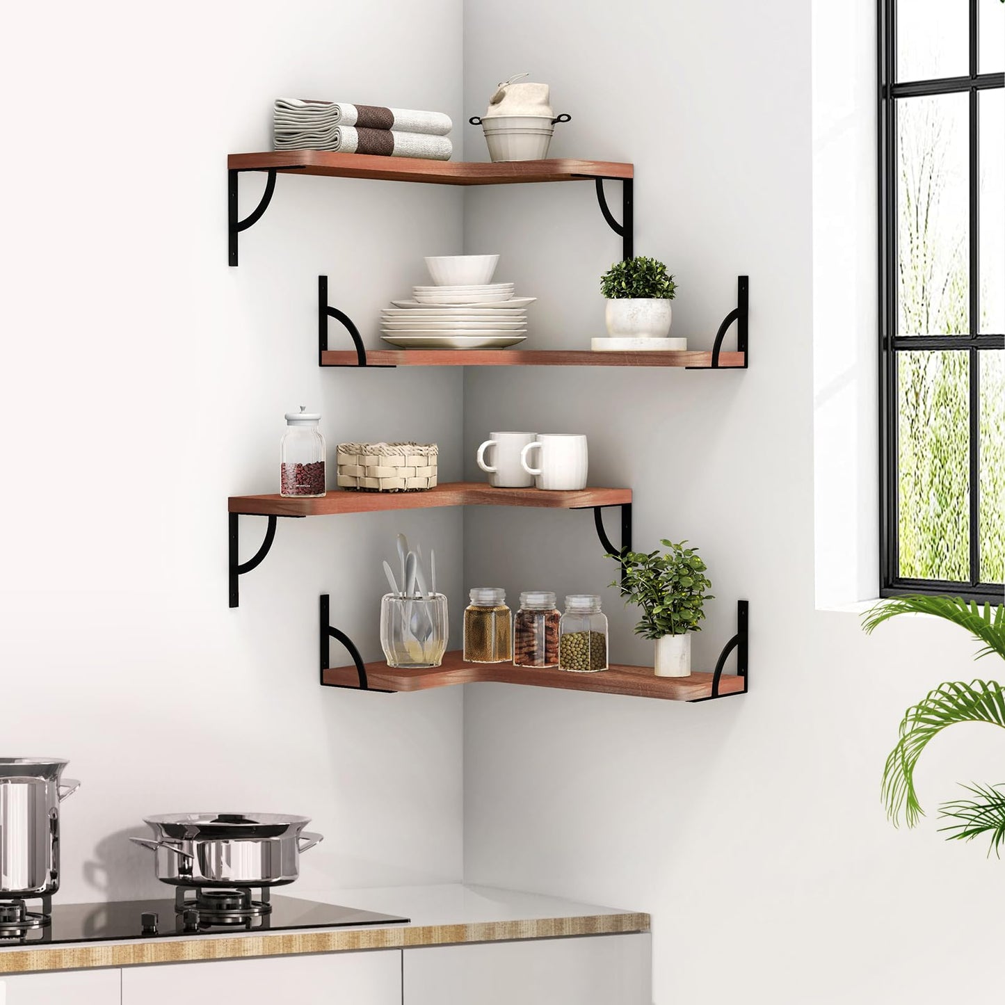 Corner Floating Shelf Wall Mount 4 Tier Wood Floating Shelves, Easy-to-Assemble Tiered Wall Storage, Wall Organizer for Bedrooms, Bathrooms, Kitchens, Offices, and Living Rooms (Red)