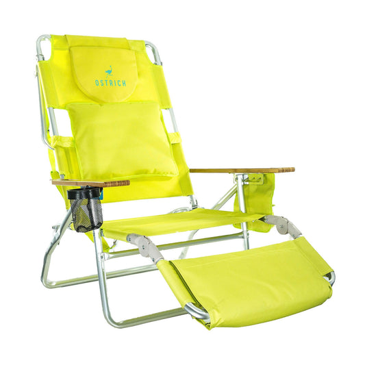 Ostrich Deluxe 3 in 1 Beach Chair with Face Opening - Portable, Reclining Lounger for Tanning - Face Hole for Reading on Stomach - Padded Footrest, Removable Pillow - Aluminum (Green)