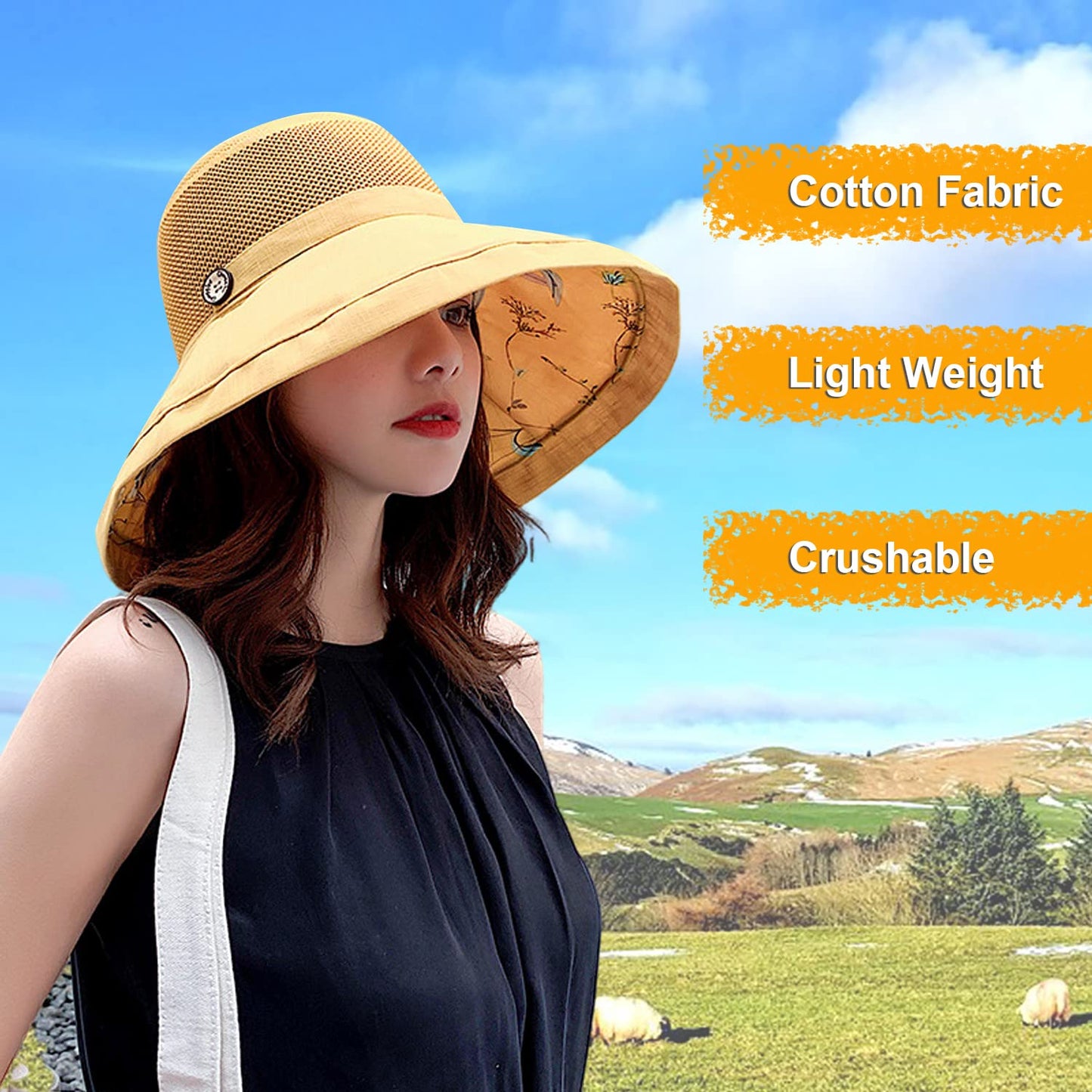 Women Wide Brim Sun Hats Metal Wired Edge Summer UV Protection Beach Fishing Hat for Hiking Garden Travel Chin Strap