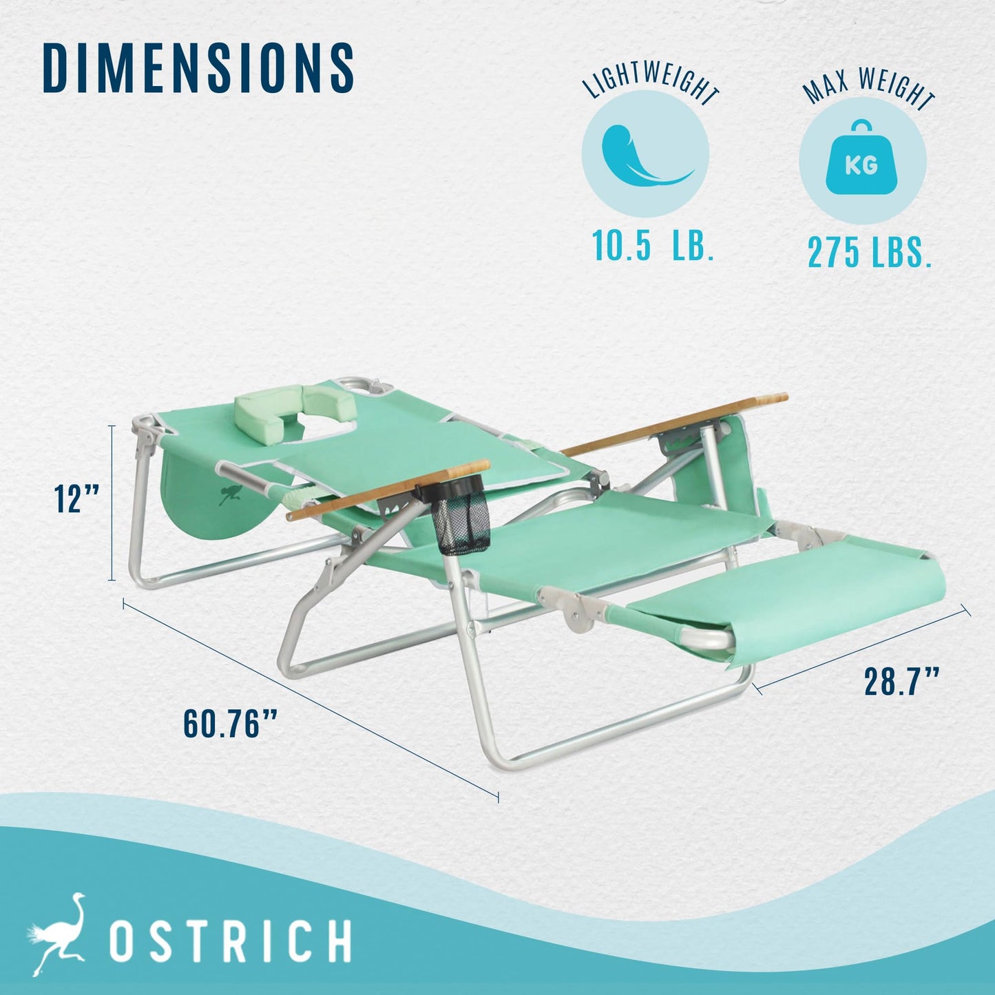 Ostrich Deluxe 3 in 1 Beach Chair with Face Opening - Portable, Reclining Lounger for Tanning - Face Hole for Reading on Stomach - Padded Footrest, Removable Pillow - Aluminum (Green)