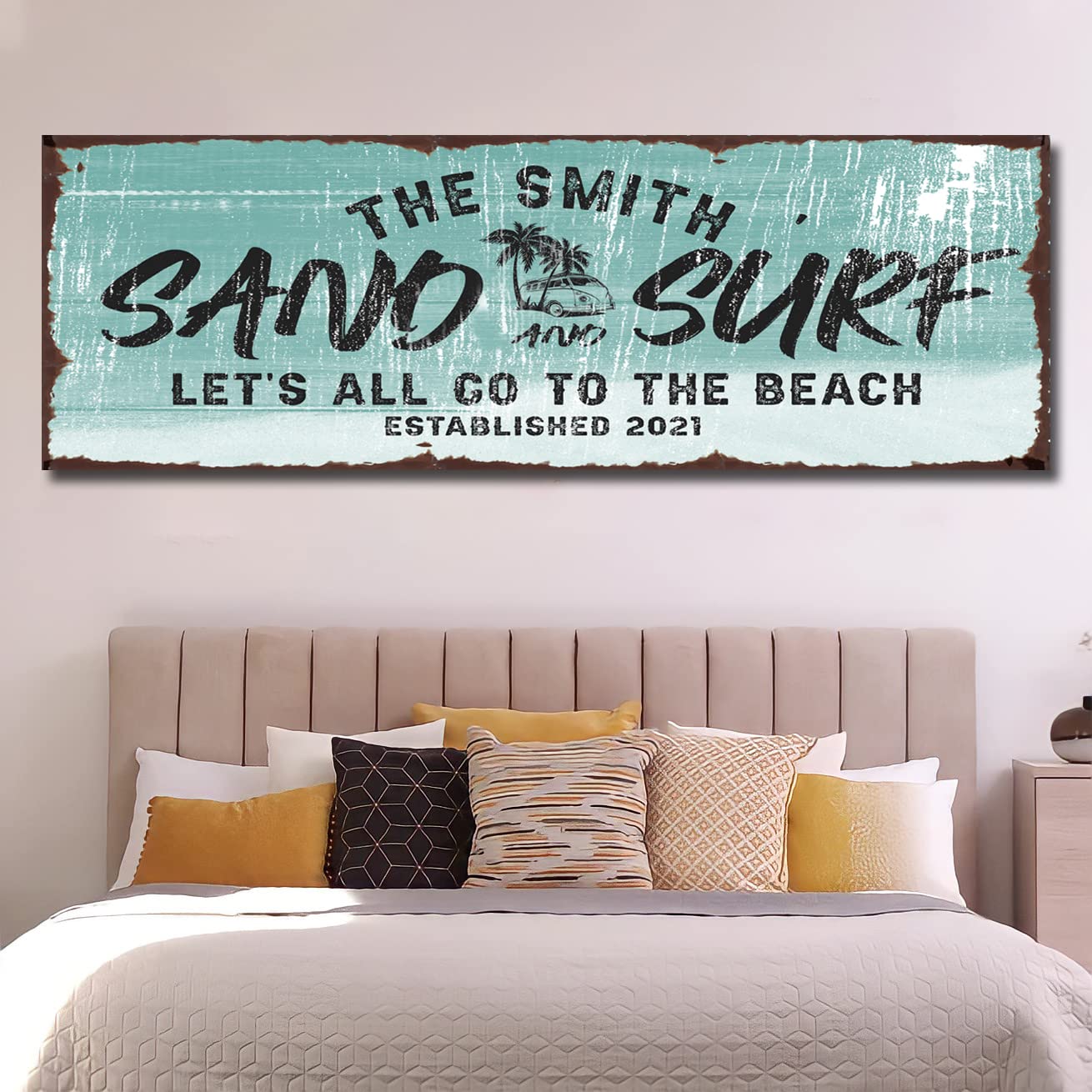 TAILORED CANVASES Beach Sign Wall Decor - Large Personalized Canvas, Coastal Wall Art Beach Signs for Home, Ocean, House, Porch, Living Room, and Bedroom - Sand and Surf, Rustic Decoration, 20"x10"