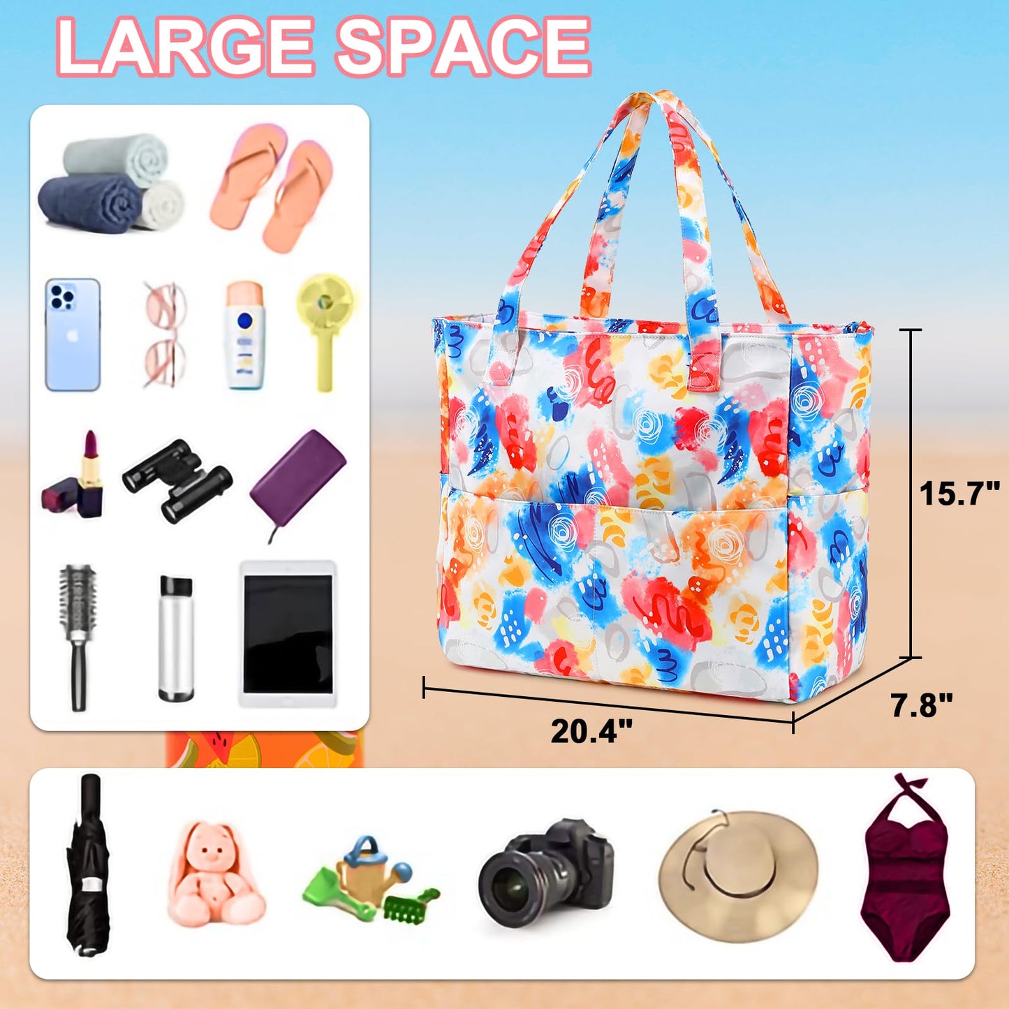 LEDAOU Large Beach Tote Bag Women Waterproof Sandproof Zipper Beach Tote Bag for Pool Gym Grocery Travel with Wet Pocket