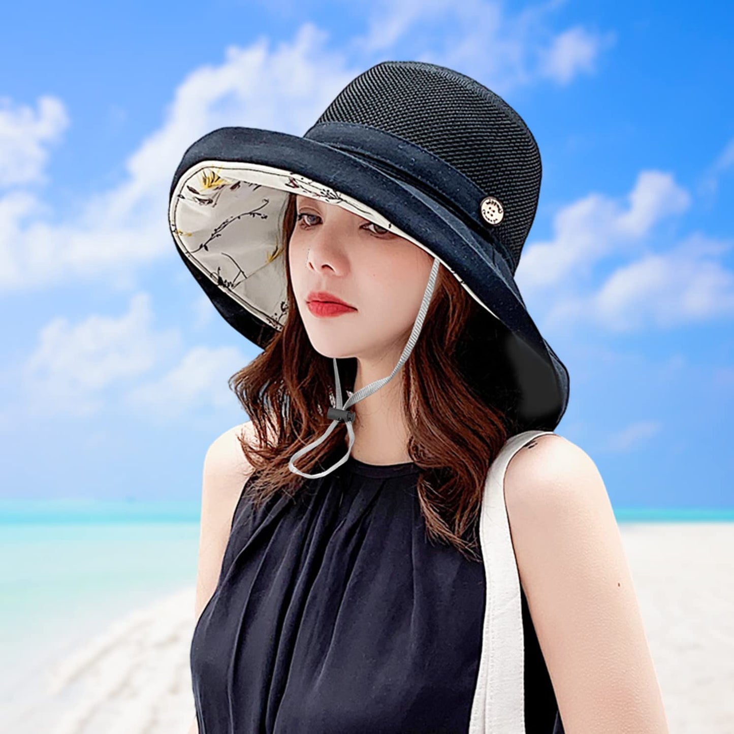 Women Wide Brim Sun Hats Metal Wired Edge Summer UV Protection Beach Fishing Hat for Hiking Garden Travel Chin Strap