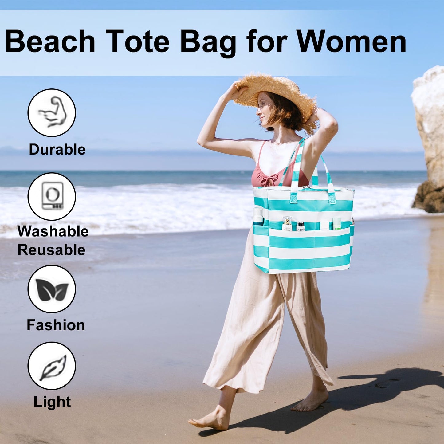 LEDAOU Large Beach Tote Bag Women Waterproof Sandproof Zipper Beach Tote Bag for Pool Gym Grocery Travel with Wet Pocket