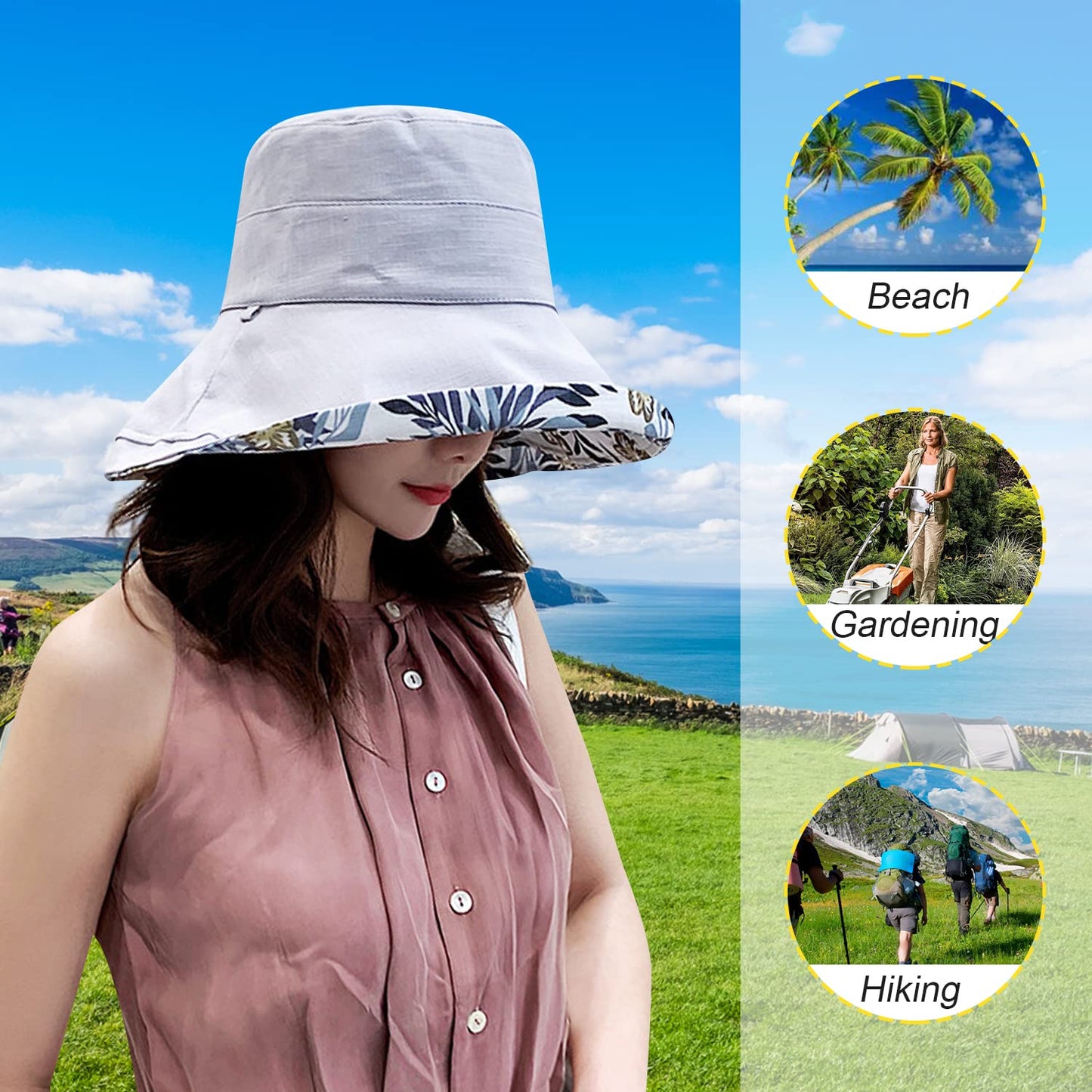 Women Wide Brim Sun Hats Metal Wired Edge Summer UV Protection Beach Fishing Hat for Hiking Garden Travel Chin Strap