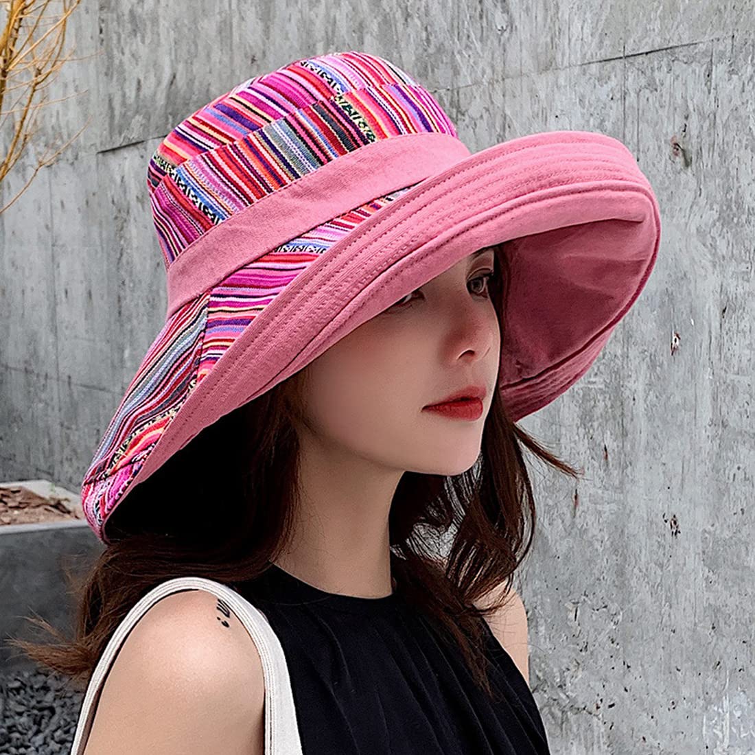 Women Wide Brim Sun Hats Metal Wired Edge Summer UV Protection Beach Fishing Hat for Hiking Garden Travel Chin Strap