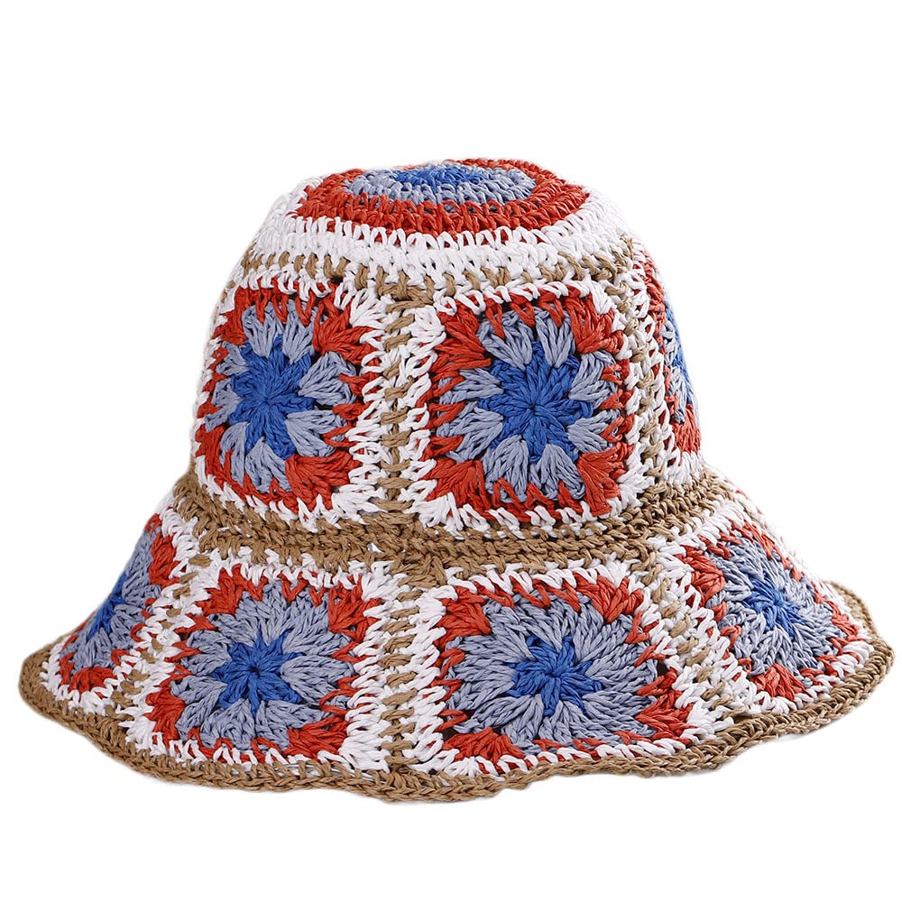 Womens Straw Sun Hat Floral Woven Bucket Hat Fishing Hat Beach Hat Hand Woven Foldable Cap