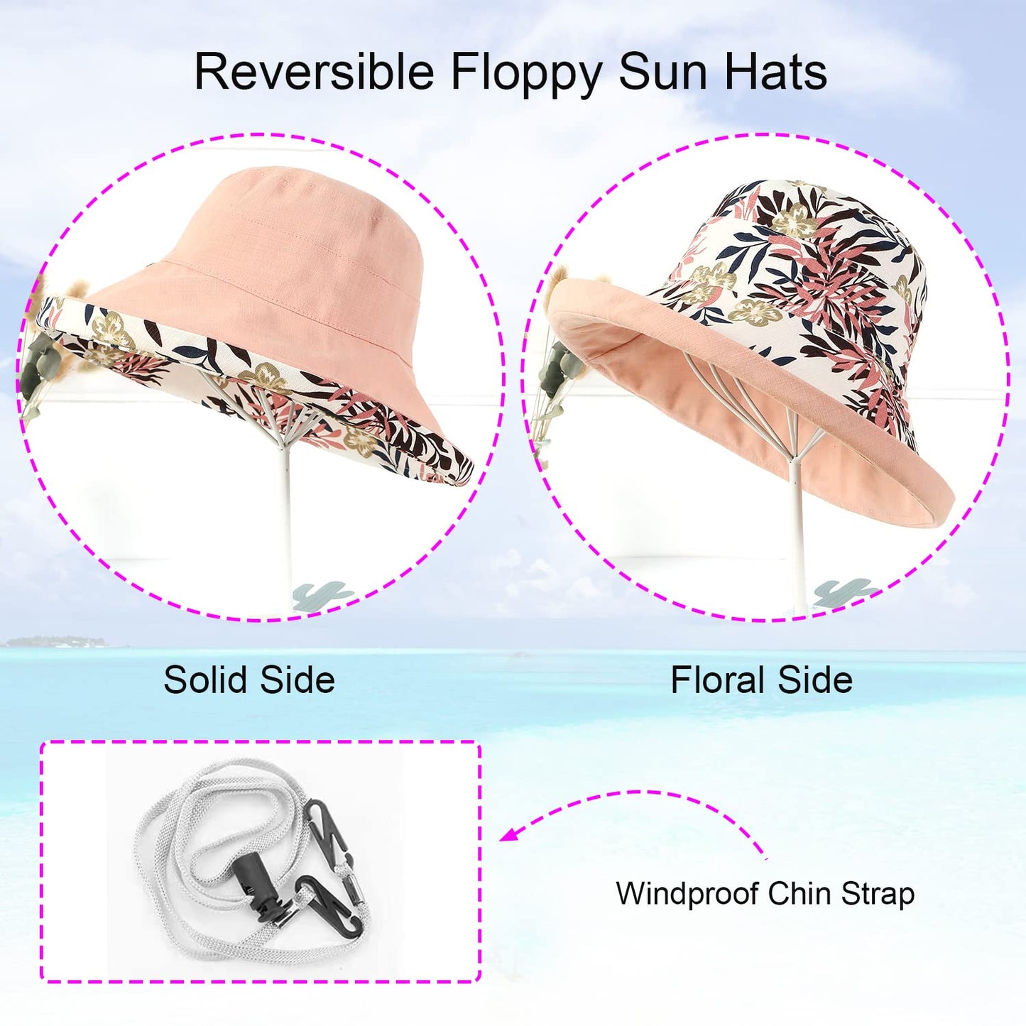 Women Wide Brim Sun Hats Metal Wired Edge Summer UV Protection Beach Fishing Hat for Hiking Garden Travel Chin Strap